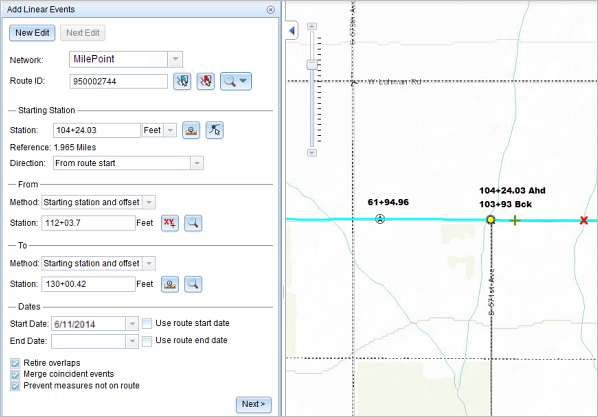 Locating the From measure and To measure values as an offset from the starting station Locating the From measure and To measure values as an offset from the starting station